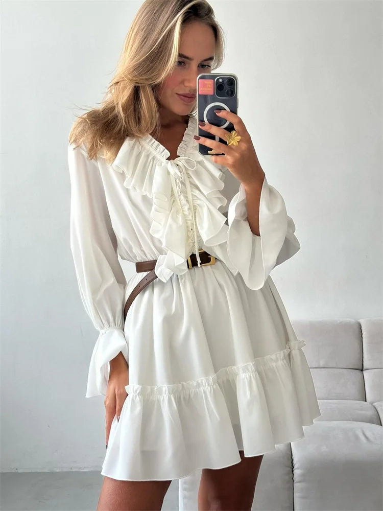 Ruffled V-Neck White Mini Dress Female Patchwork Long Sleeve Elegant Bandage Fashion Dress High Waist Lace-Up Women Dress Comfortable Off-Shoulder Mini Dress Ruffled V-Neck White Mini Dress Female Patchwork Long Sleeve Elegant Bandage Fashion Dress High Waist Lace-Up Women Dress Comfortable Off-Shoulder Mini Dress