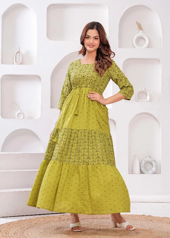 Green Ethnic Printed Flared Dress for Women Tunics Silk luxurious