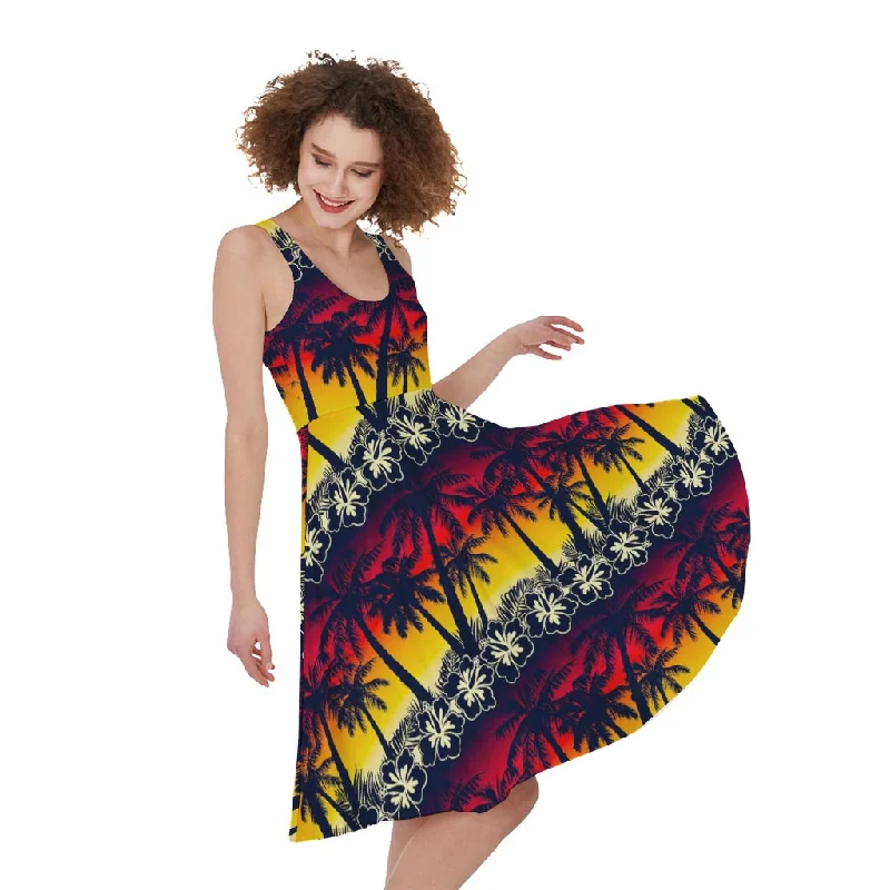 Sunset Hibiscus Palm Tree Pattern Print Sleeveless Knee Length Dress Tunics Luxurious premium Sunset Hibiscus Palm Tree Pattern Print Sleeveless Knee Length Dress Tunics Luxurious premium