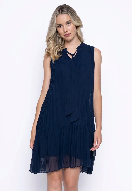Neck Tie Pleated Mini Dress Stylish Button-Down Mini Dress