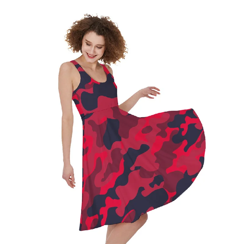 Red Pink And Black Camouflage Print Sleeveless Knee Length Dress Bodycon Club Sequined