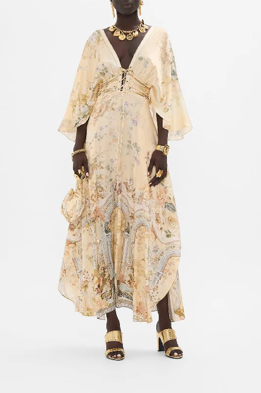 V NECK LACE UP DETAIL LONG DRESS ADORNED IN ANTIQUITY Tunics Luxurious high-end