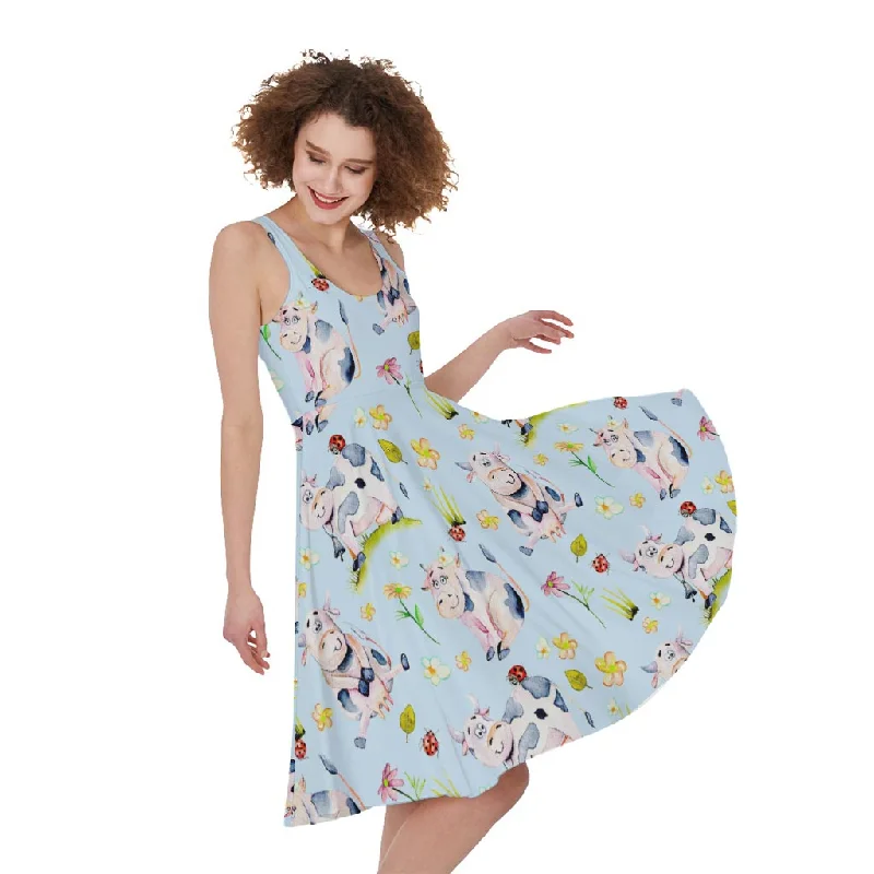 Watercolor Cartoon Cow Pattern Print Sleeveless Knee Length Dress Tunics Hiking breathable Watercolor Cartoon Cow Pattern Print Sleeveless Knee Length Dress Tunics Hiking breathable