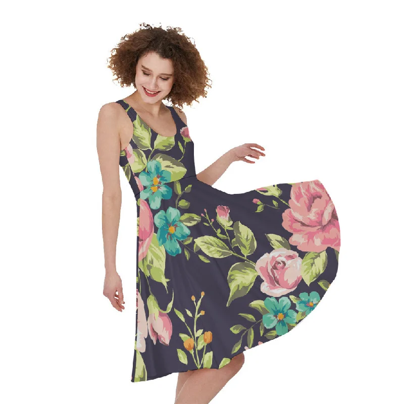 Vintage Rose Floral Flower Pattern Print Sleeveless Knee Length Dress Tunics Designer luxury Vintage Rose Floral Flower Pattern Print Sleeveless Knee Length Dress Tunics Designer luxury