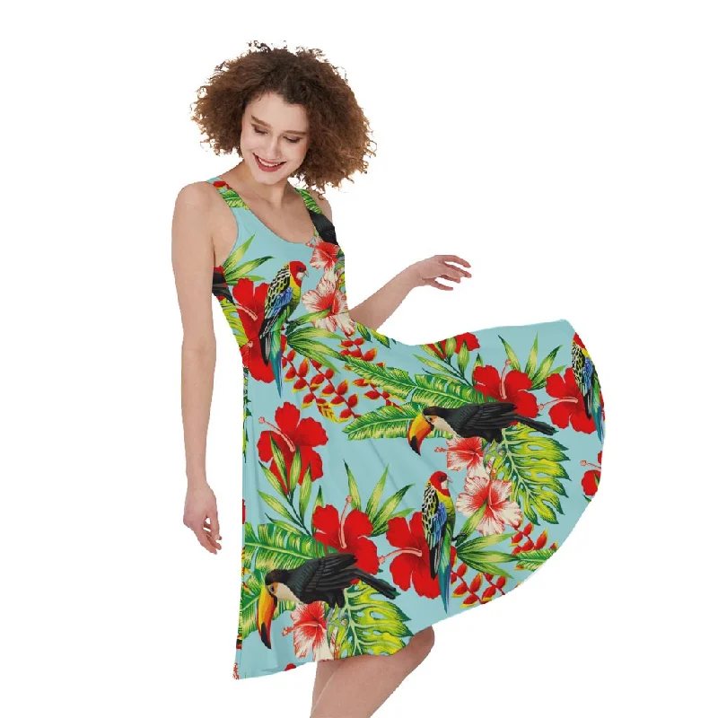 Toucan Parrot Tropical Pattern Print Sleeveless Knee Length Dress Tunics Satin smooth Toucan Parrot Tropical Pattern Print Sleeveless Knee Length Dress Tunics Satin smooth