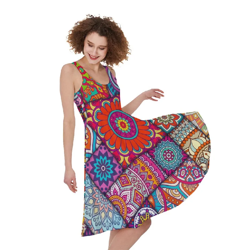 Square Bohemian Mandala Patchwork Print Sleeveless Knee Length Dress Boat Neckline Classic Square Bohemian Mandala Patchwork Print Sleeveless Knee Length Dress Boat Neckline Classic