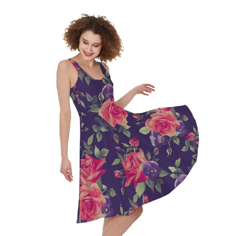 Rose Pansy Floral Flower Pattern Print Sleeveless Knee Length Dress Tunics Spring floral Rose Pansy Floral Flower Pattern Print Sleeveless Knee Length Dress Tunics Spring floral