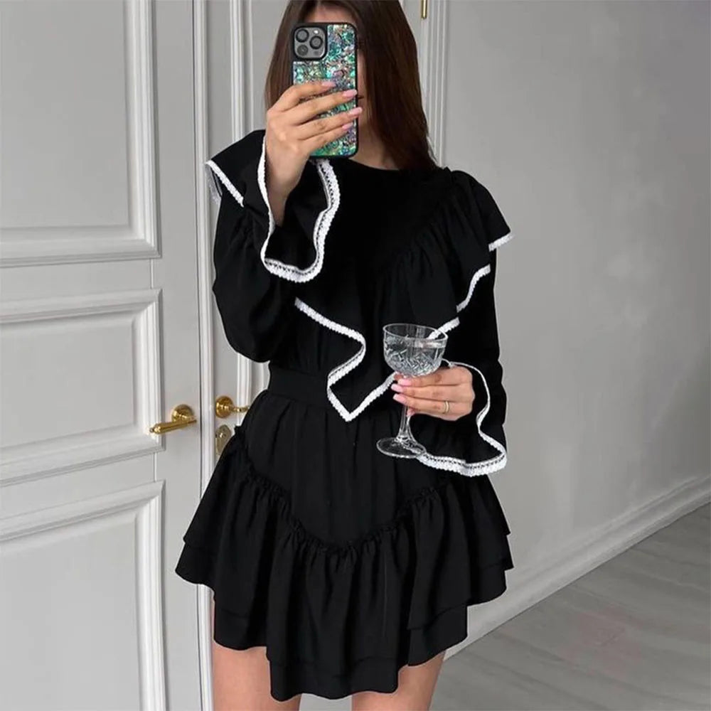 Lace Splice Folds Mini Dress For Women Autumn Slim Black Women's Dresses Streetwear Temperament Vestido De Mujer New Stylish Summer Mini Dress