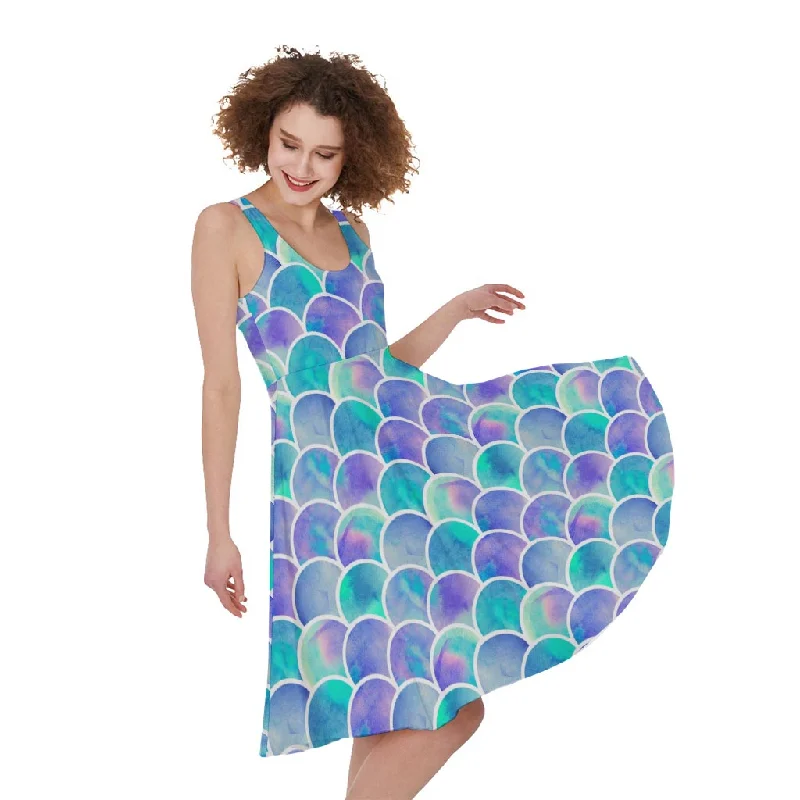 Sea Blue Mermaid Scales Pattern Print Sleeveless Knee Length Dress Tunics Corduroy durable Sea Blue Mermaid Scales Pattern Print Sleeveless Knee Length Dress Tunics Corduroy durable