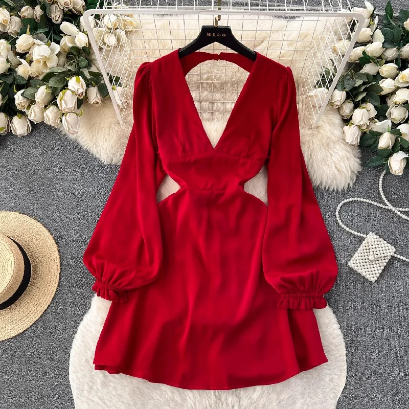 hot girl deep V-neck backless puff-sleeve dress for women party dress S4588 Tunics Custom made hot girl deep V-neck backless puff-sleeve dress for women party dress S4588 Tunics Custom made
