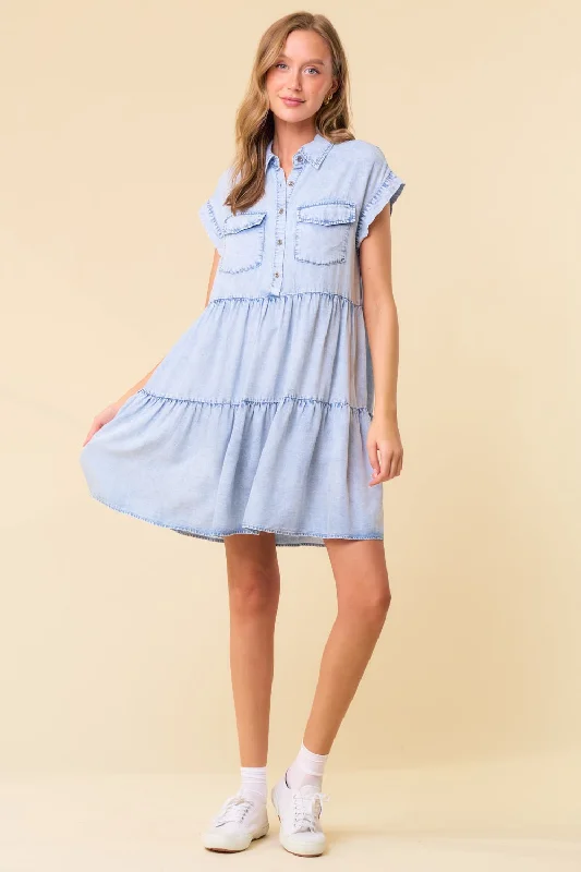 Doe and Rae Tiered Tencel Mini Dress in Light Denim Elegant Sequin Mini Dress