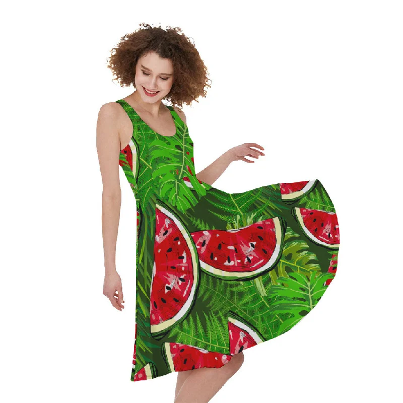 Tropical Leaf Watermelon Pattern Print Sleeveless Knee Length Dress Tunics Luxurious premium Tropical Leaf Watermelon Pattern Print Sleeveless Knee Length Dress Tunics Luxurious premium