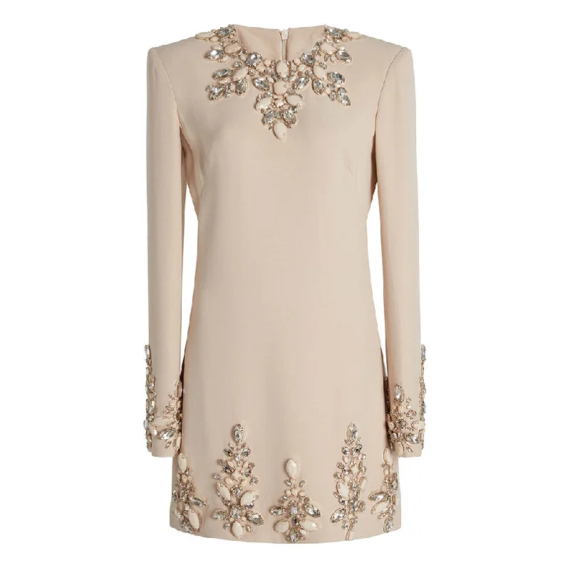 Opulent Crystal Embellished Crew Neck Long Sleeve Sheath Mini Party Dress Tunics Formal black