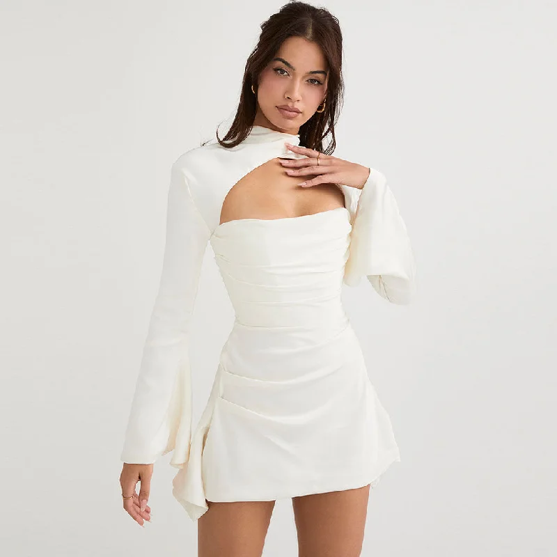 Classy High Neck Cutout Draped Satin Mini Party Dress - White Turtleneck Neckline Stylish Classy High Neck Cutout Draped Satin Mini Party Dress - White Turtleneck Neckline Stylish