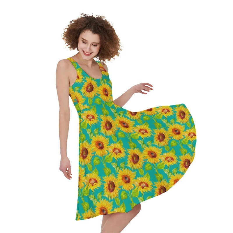 Teal Watercolor Sunflower Pattern Print Sleeveless Knee Length Dress Tunics Canvas sturdy Teal Watercolor Sunflower Pattern Print Sleeveless Knee Length Dress Tunics Canvas sturdy