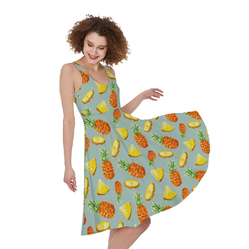 Watercolor Pineapple Pattern Print Sleeveless Knee Length Dress Tunics Gym athletic