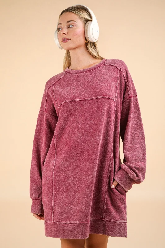 Very J OVERSIZED Mineral Washed Sweatshirt Mini Dress in Magenta Cozy Sweater Mini Dress