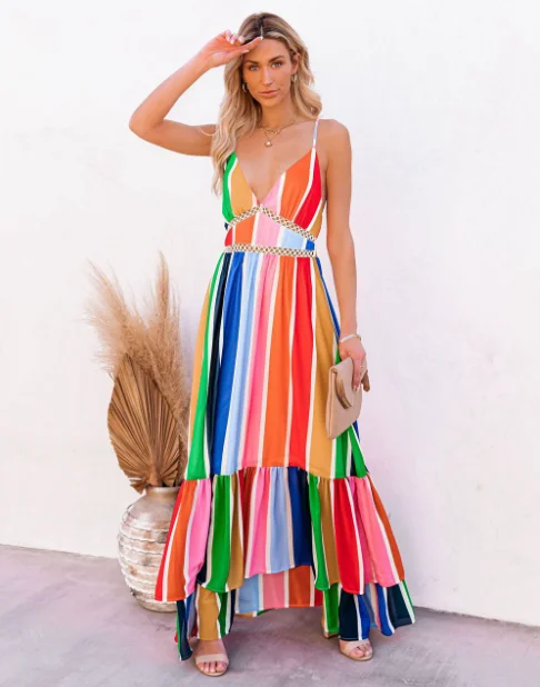 Women Colorful Striped Print Boho Long Dress Casual V-Neck Spliced Sexy Party Dress Tunics Canvas sturdy