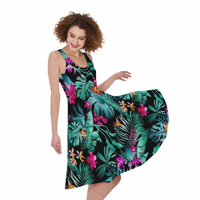 Teal Tropical Leaf Hawaii Pattern Print Sleeveless Knee Length Dress Tunics Yoga stretchy Teal Tropical Leaf Hawaii Pattern Print Sleeveless Knee Length Dress Tunics Yoga stretchy