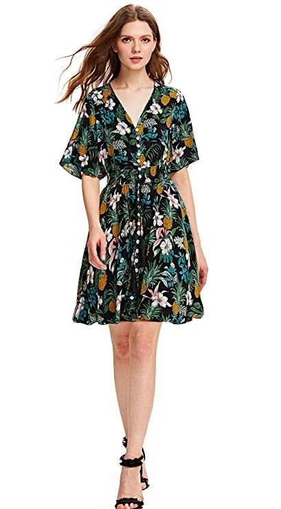 Button Up Split Floral Print Flowy Party Dress Tunics Yoga stretchy