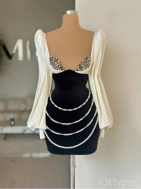 Charming Black White Full Sleeve Sweetheart Women Mini Dresses Homecoming Dresses, PDS0580 Trendy Floral Mini Dress Charming Black White Full Sleeve Sweetheart Women Mini Dresses Homecoming Dresses, PDS0580 Trendy Floral Mini Dress