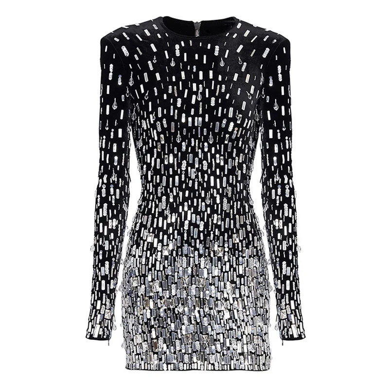 Opulent Gradient Crystal Sequin Long Sleeve Velvet Bodycon Mini Party Dress empire Waist empire