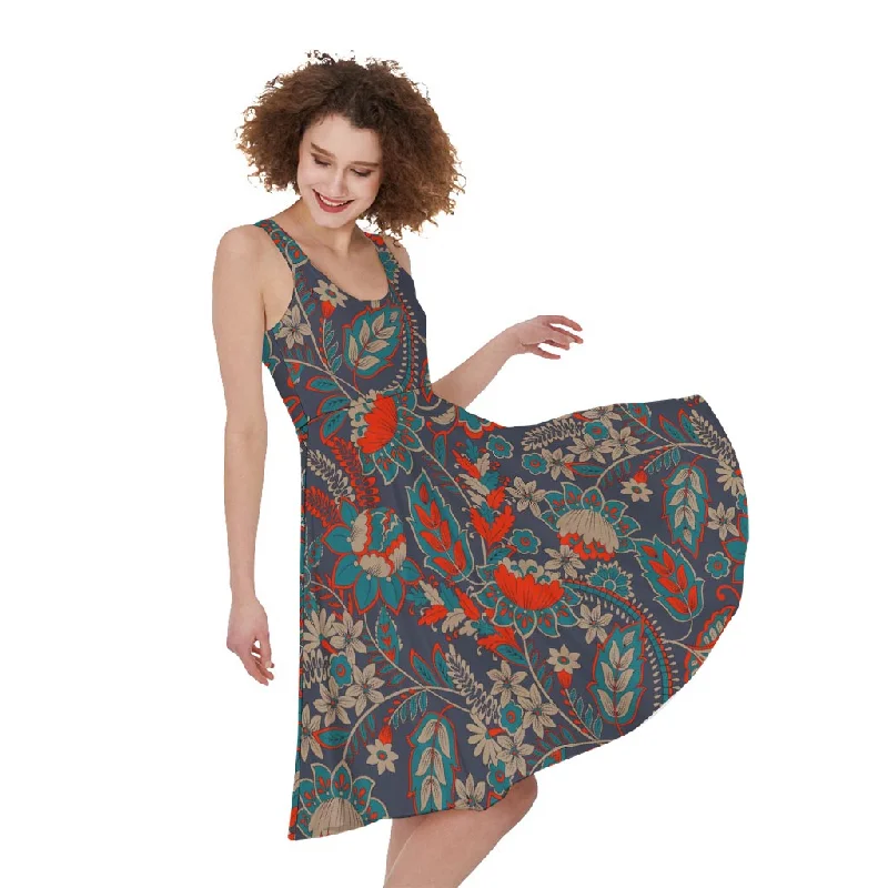 Retro Vintage Bohemian Floral Print Sleeveless Knee Length Dress Tunics Bestseller popular Retro Vintage Bohemian Floral Print Sleeveless Knee Length Dress Tunics Bestseller popular