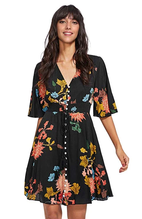 Women's Boho Button Up Split Floral Print Flowy Party Dress Tunics Running lightweight