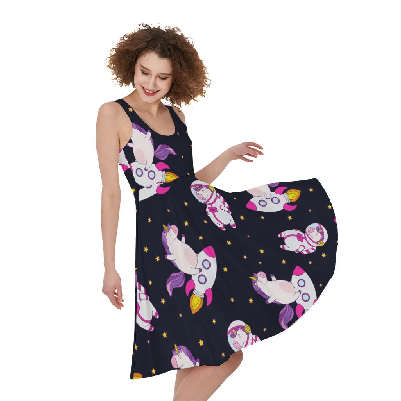 Space Astronaut Unicorn Pattern Print Sleeveless Knee Length Dress Tunics Long Elegant Space Astronaut Unicorn Pattern Print Sleeveless Knee Length Dress Tunics Long Elegant