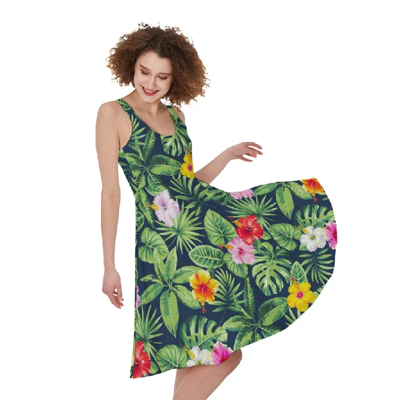 Tropical Hibiscus Flowers Pattern Print Sleeveless Knee Length Dress Tunics Fashionable trendy
