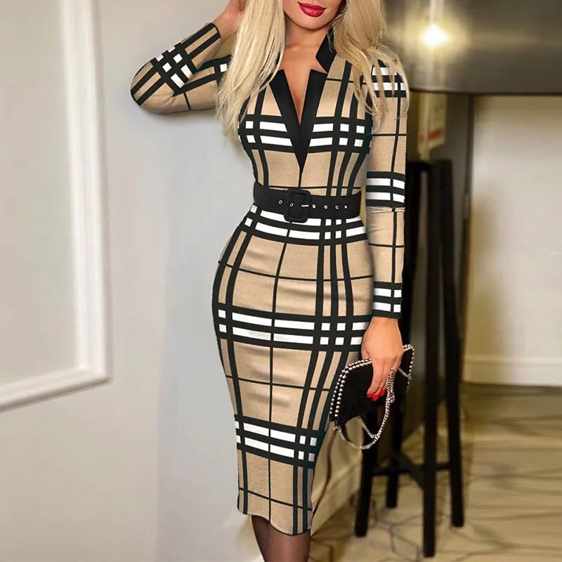 BerriesJam - 2024 Plaid Print Long-sleeved V Neck Slim Party Dress Tunics Chic fashionable BerriesJam - 2024 Plaid Print Long-sleeved V Neck Slim Party Dress Tunics Chic fashionable