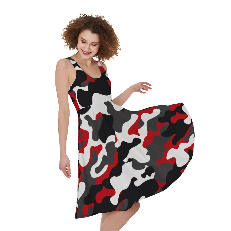 Red Snow Camouflage Print Sleeveless Knee Length Dress Tunics Chic elegant