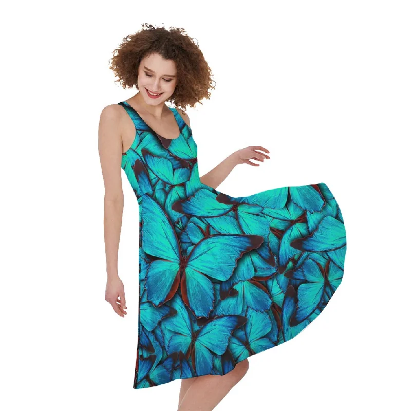 Turquoise Butterfly Pattern Print Sleeveless Knee Length Dress Tunics Modern contemporary Turquoise Butterfly Pattern Print Sleeveless Knee Length Dress Tunics Modern contemporary