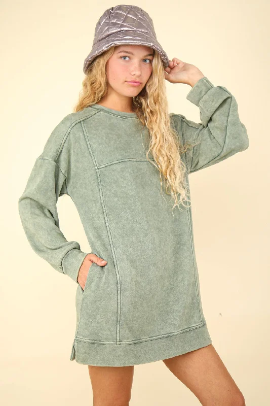 Very J OVERSIZED Mineral Washed Sweatshirt Mini Dress in Sage Fashionable Boho-Chic Mini Dress