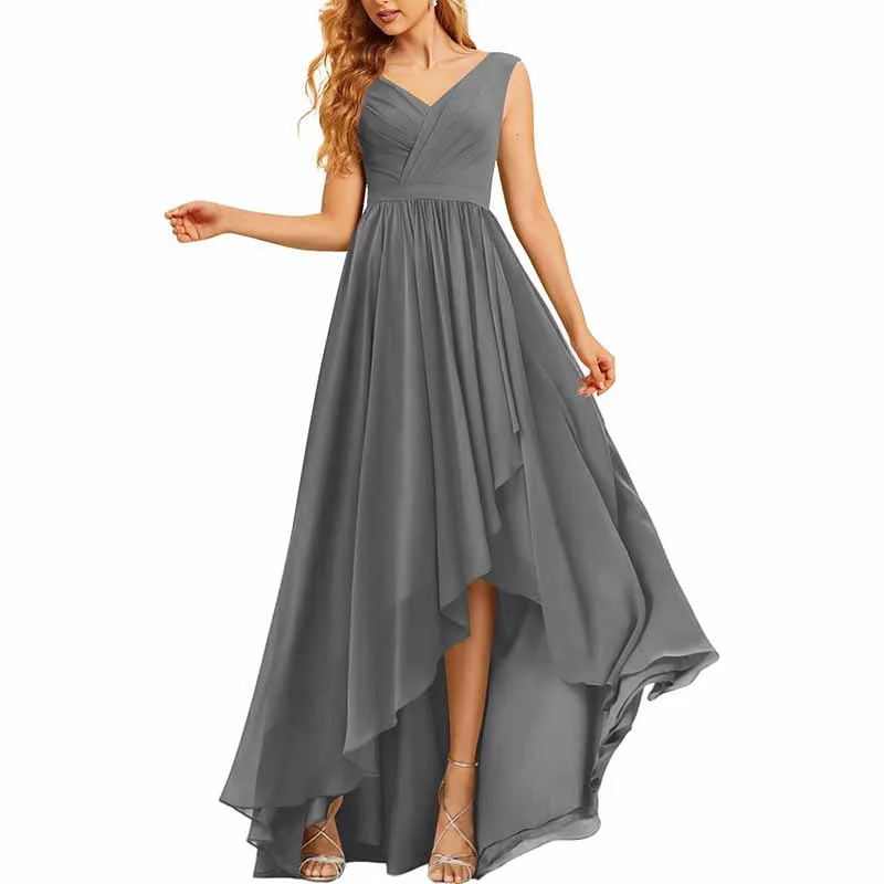 High Low Bridesmaid Dresses Long Ruched Chiffon V Neck Formal Evening Party Dress with Pockets Tunics stripes playful