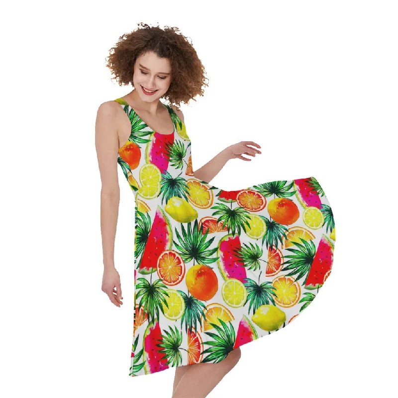 Tropical Fruit Leaf Pattern Print Sleeveless Knee Length Dress Maxi Flowy Bohemian