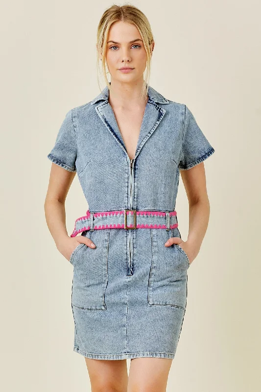 BaeVely Belted Mini Dress in Denim Elegant Mini Dress with Ruffles
