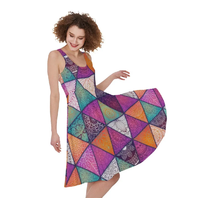 Triangle Bohemian Mandala Pattern Print Sleeveless Knee Length Dress Tunics Mesh breathable