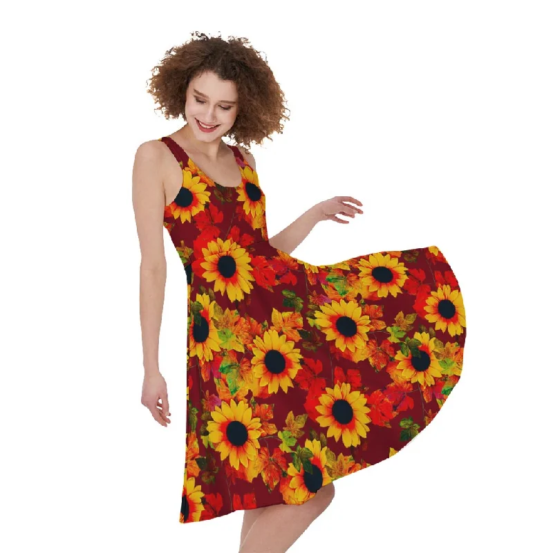 Red Autumn Sunflower Pattern Print Sleeveless Knee Length Dress Tunics Print Colorful