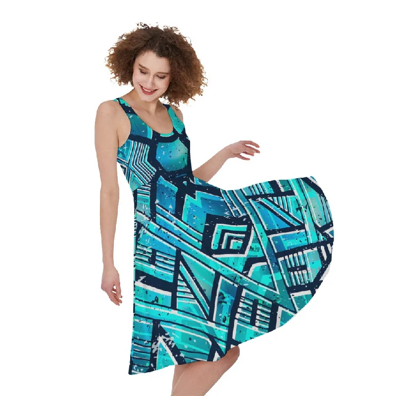 Turquoise Ethnic Aztec Trippy Print Sleeveless Knee Length Dress Tunics Occasion special Turquoise Ethnic Aztec Trippy Print Sleeveless Knee Length Dress Tunics Occasion special