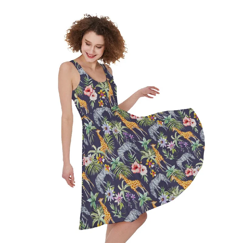 Tropical Zebra Giraffe Pattern Print Sleeveless Knee Length Dress Tunics Handmade artisanal Tropical Zebra Giraffe Pattern Print Sleeveless Knee Length Dress Tunics Handmade artisanal