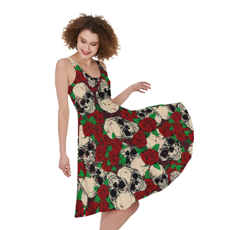 Red Rose Skull Pattern Print Sleeveless Knee Length Dress Tunics Sophisticated sleek