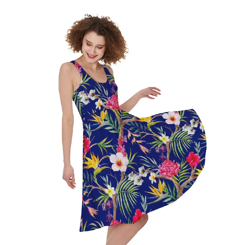 Watercolor Tropical Flower Pattern Print Sleeveless Knee Length Dress Tunics Denim casual Watercolor Tropical Flower Pattern Print Sleeveless Knee Length Dress Tunics Denim casual