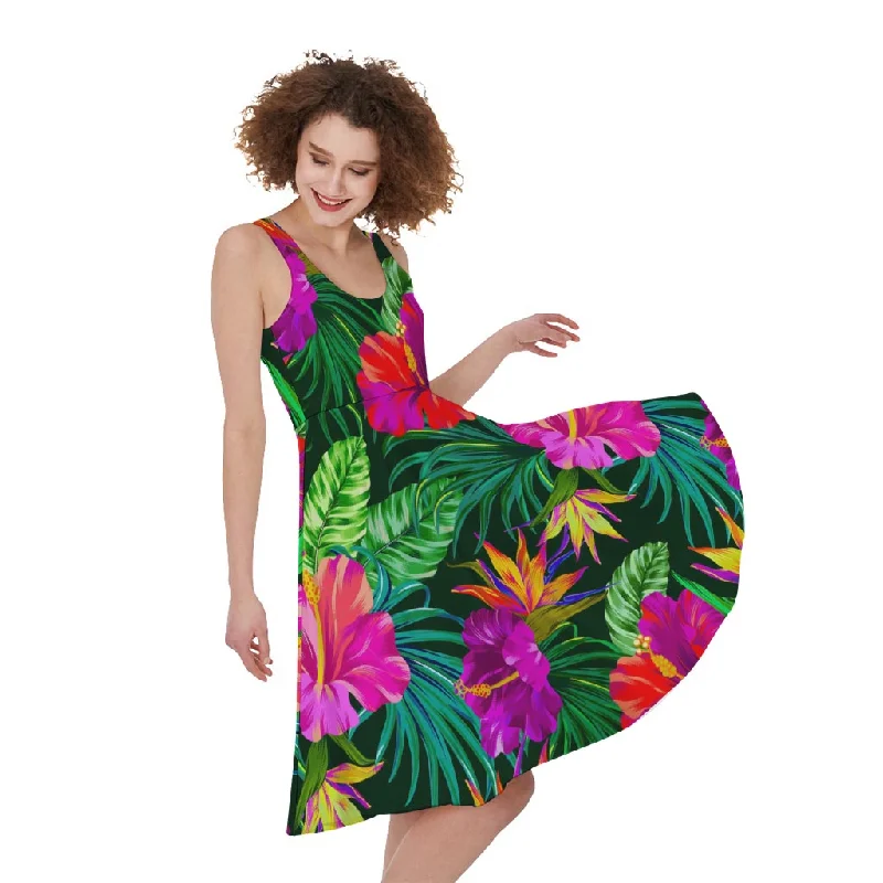 Purple Tropical Pattern Print Sleeveless Knee Length Dress Tunics Evening elegant