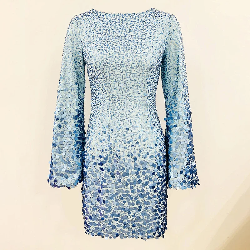 Sparkly Sequin Embellished Round Neck Flare Long Sleeve Mini Party Dress Tunics Modern contemporary Sparkly Sequin Embellished Round Neck Flare Long Sleeve Mini Party Dress Tunics Modern contemporary