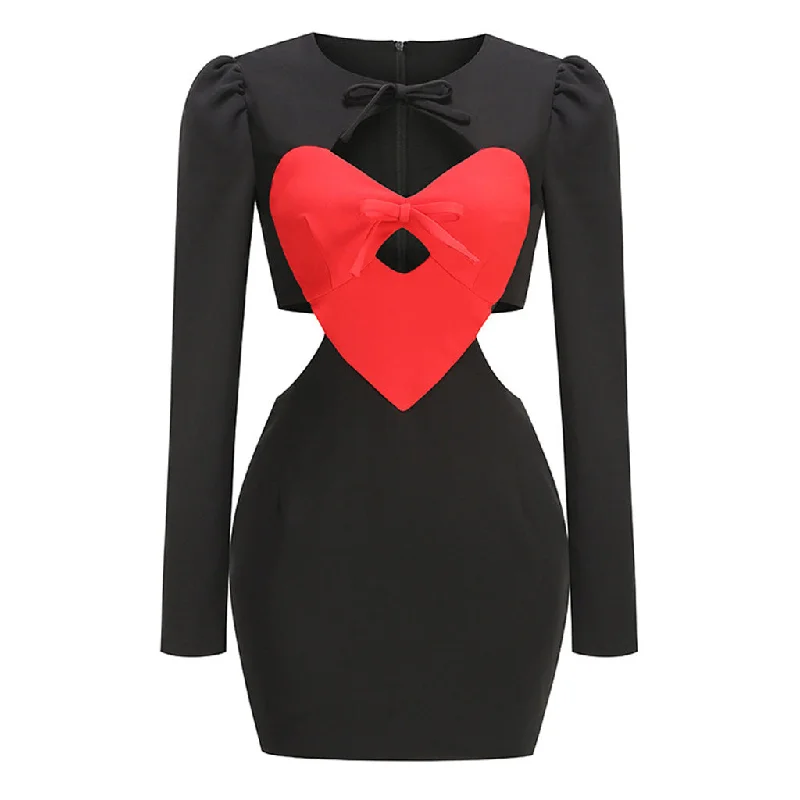 Rebellious Bow Tie Red Heart Cutout Puff Sleeve Bodycon Mini Party Dress Tunics Handmade artisanal Rebellious Bow Tie Red Heart Cutout Puff Sleeve Bodycon Mini Party Dress Tunics Handmade artisanal
