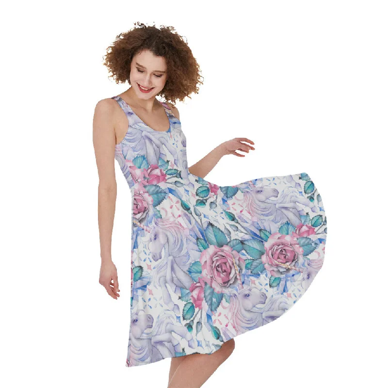 White Fairy Rose Unicorn Pattern Print Sleeveless Knee Length Dress Casual Short Summer White Fairy Rose Unicorn Pattern Print Sleeveless Knee Length Dress Casual Short Summer
