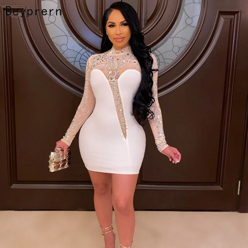 New Gorgeous Crystal Mini Dress Women's Elegant White Sequins Patchwork Party Dress Tunics Solid Classic New Gorgeous Crystal Mini Dress Women's Elegant White Sequins Patchwork Party Dress Tunics Solid Classic