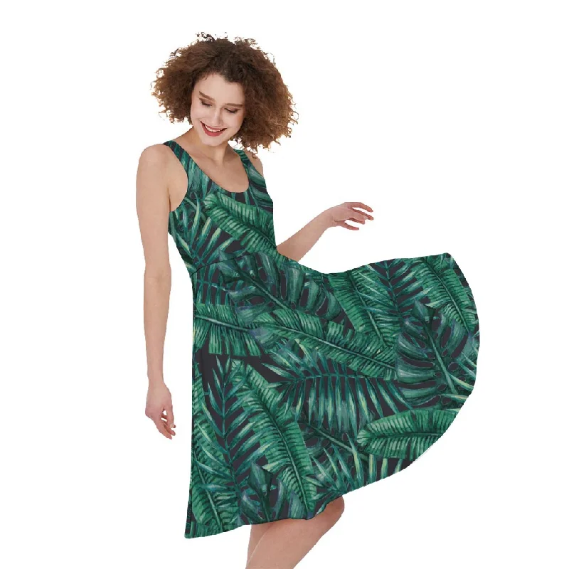 Watercolor Tropical Leaf Pattern Print Sleeveless Knee Length Dress Tunics Corduroy durable Watercolor Tropical Leaf Pattern Print Sleeveless Knee Length Dress Tunics Corduroy durable