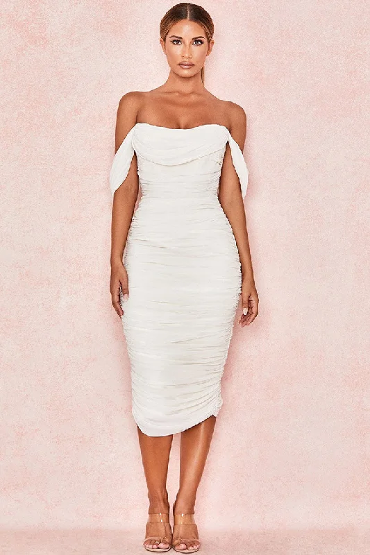 Off Shoulder Ruched Bodycon Cocktail Party Dress - White Square Neckline Feminine